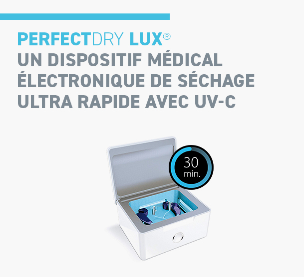 Perfect Dry Lux Les performances de la PerfectDry Lux offrent une solution efficiente pour lutter contre les défaillances induites par l’humidité, optimisant ainsi la longévité et les performances des aides auditives.